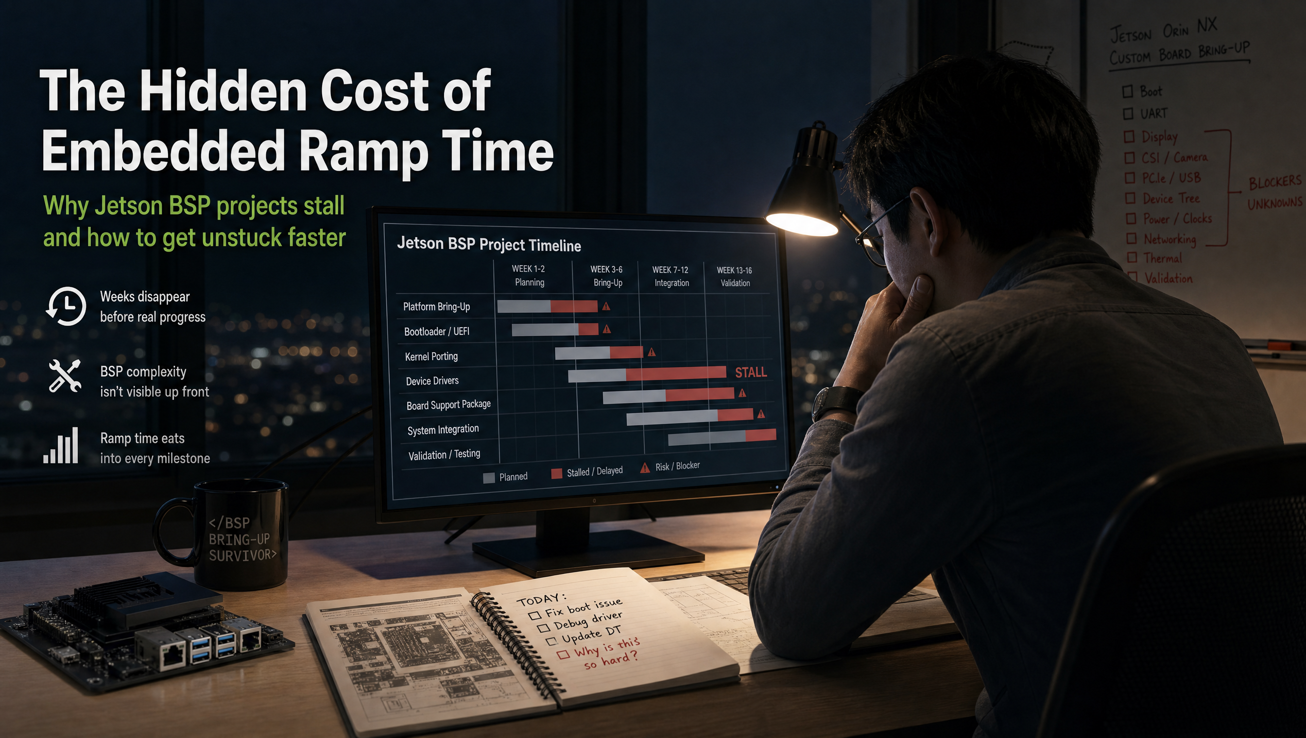 Hardware engineer reviewing a stalled Jetson BSP project timeline at night, the hidden cost of embedded ramp time
