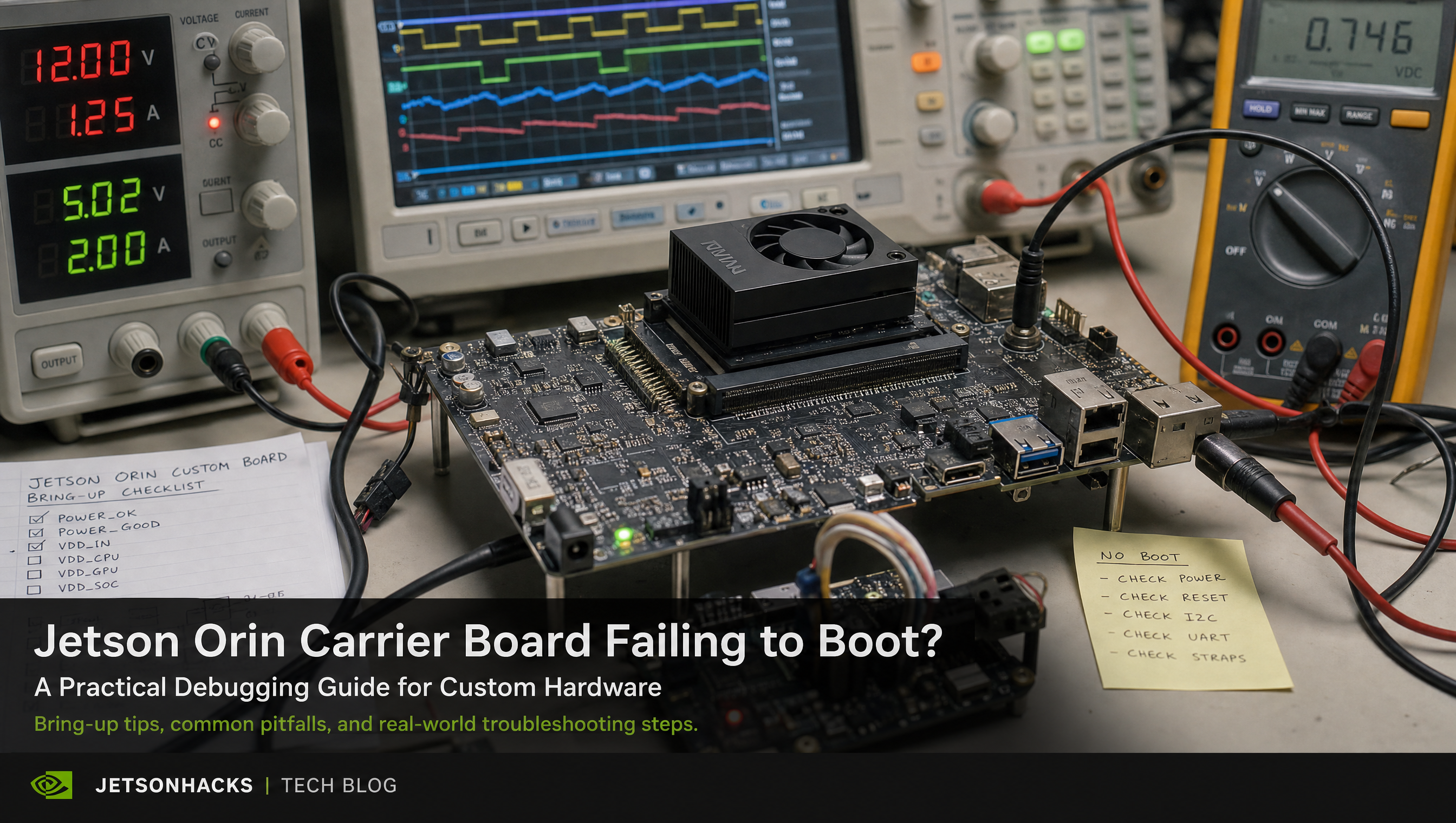 Custom Jetson Orin carrier board failing to boot, diagnosing a non-booting custom PCB in the lab