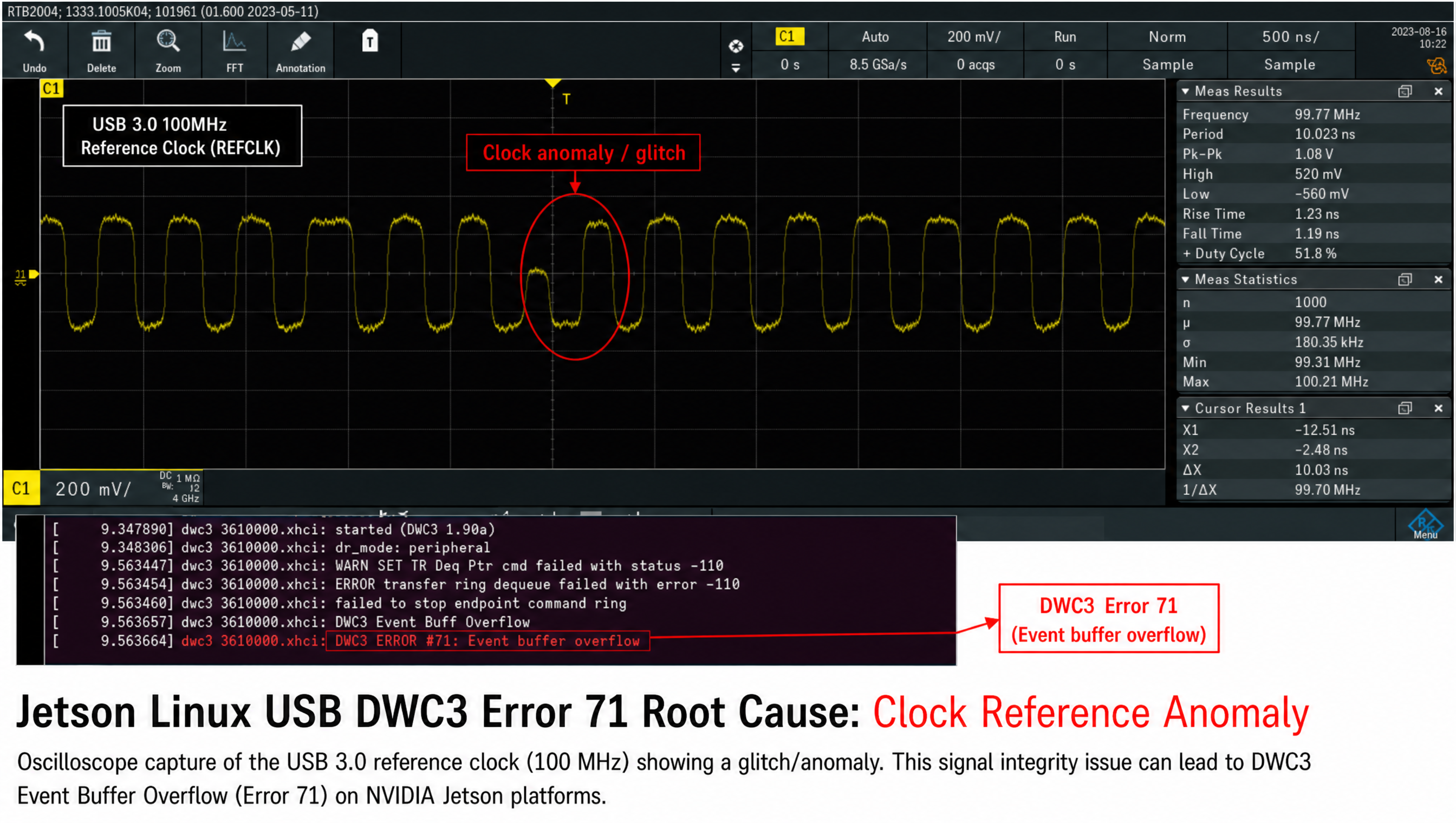 Oscilloscope showing USB clock reference signal anomaly causing DWC3 error 71 on Jetson