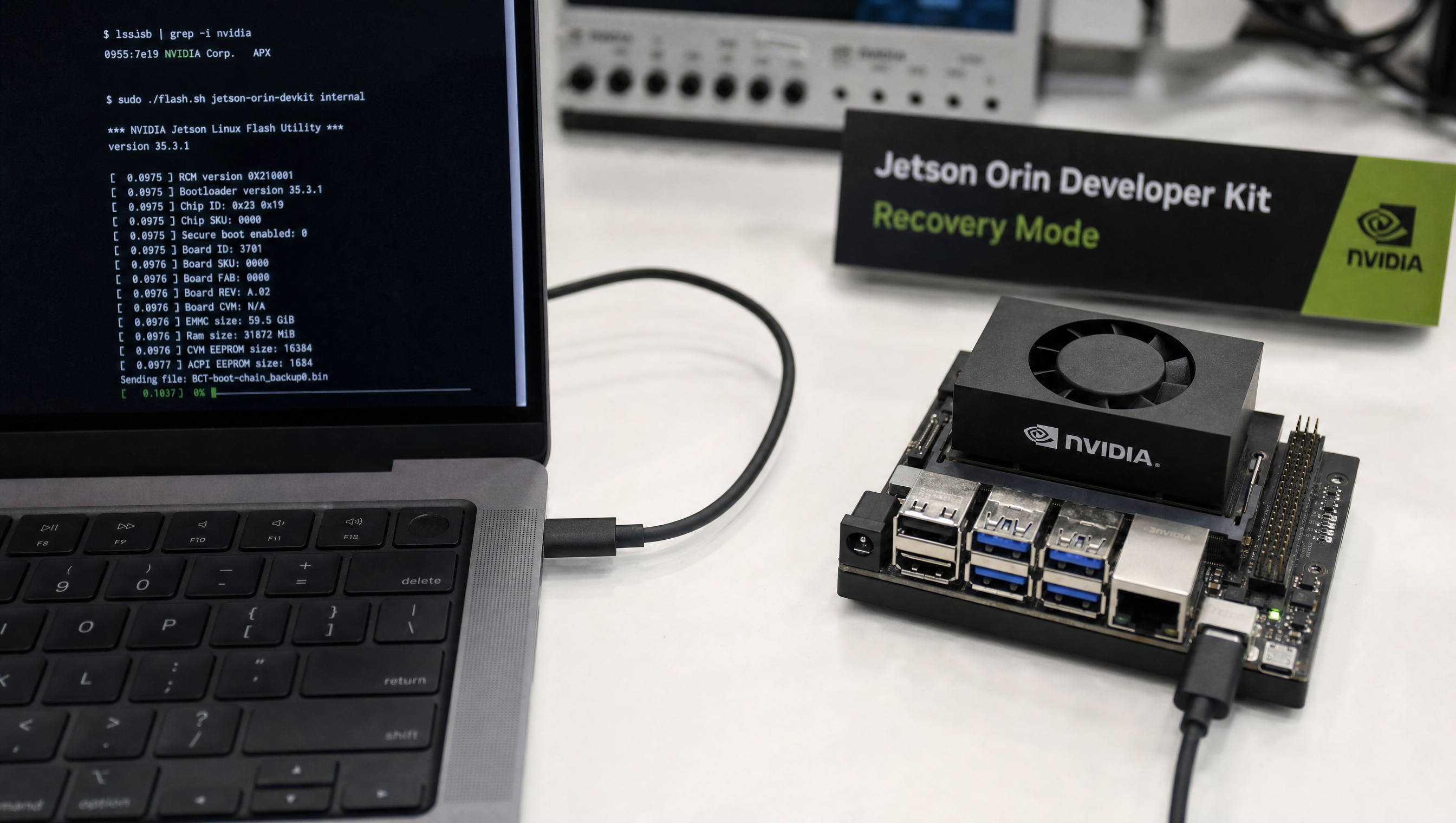 Terminal showing flash.sh running on Jetson Orin with progress output during initial board bring-up