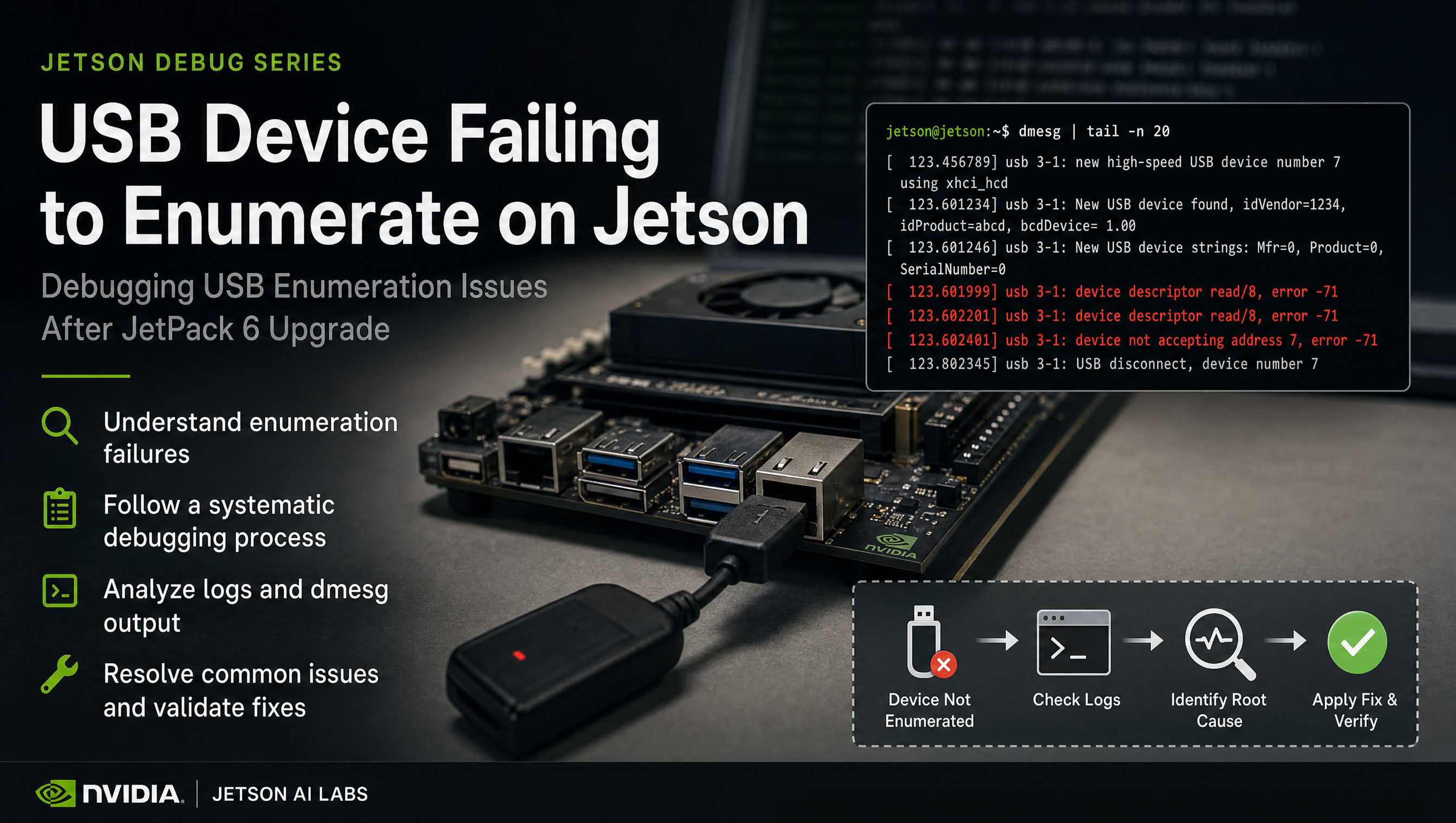 USB device failing to enumerate on Jetson after JetPack 6 upgrade, debugging USB enumeration failure