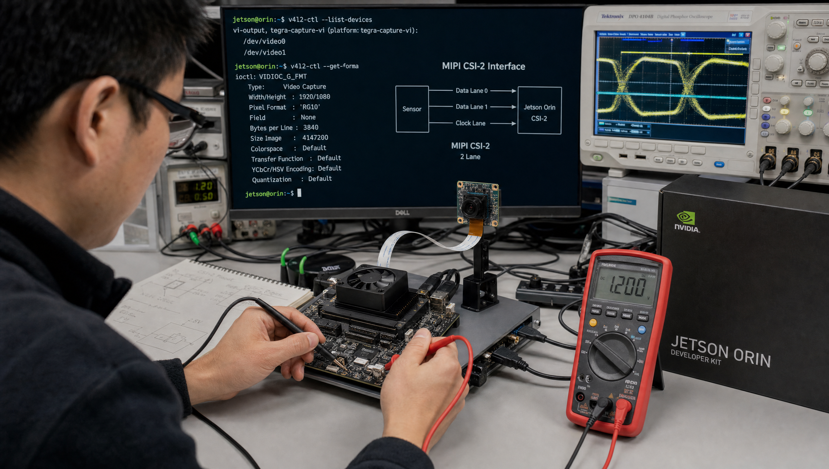 Jetson Orin terminal showing v4l2-ctl streaming success and argus_camera launch failure side by side
