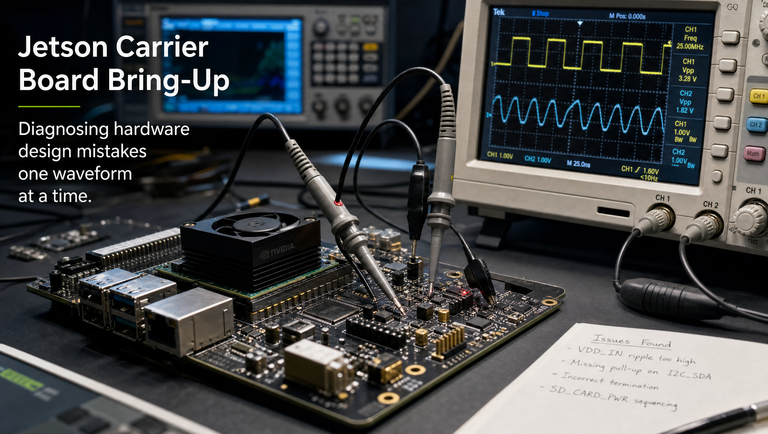 Oscilloscope probes attached to a custom Jetson carrier board diagnosing hardware design mistakes during bring-up