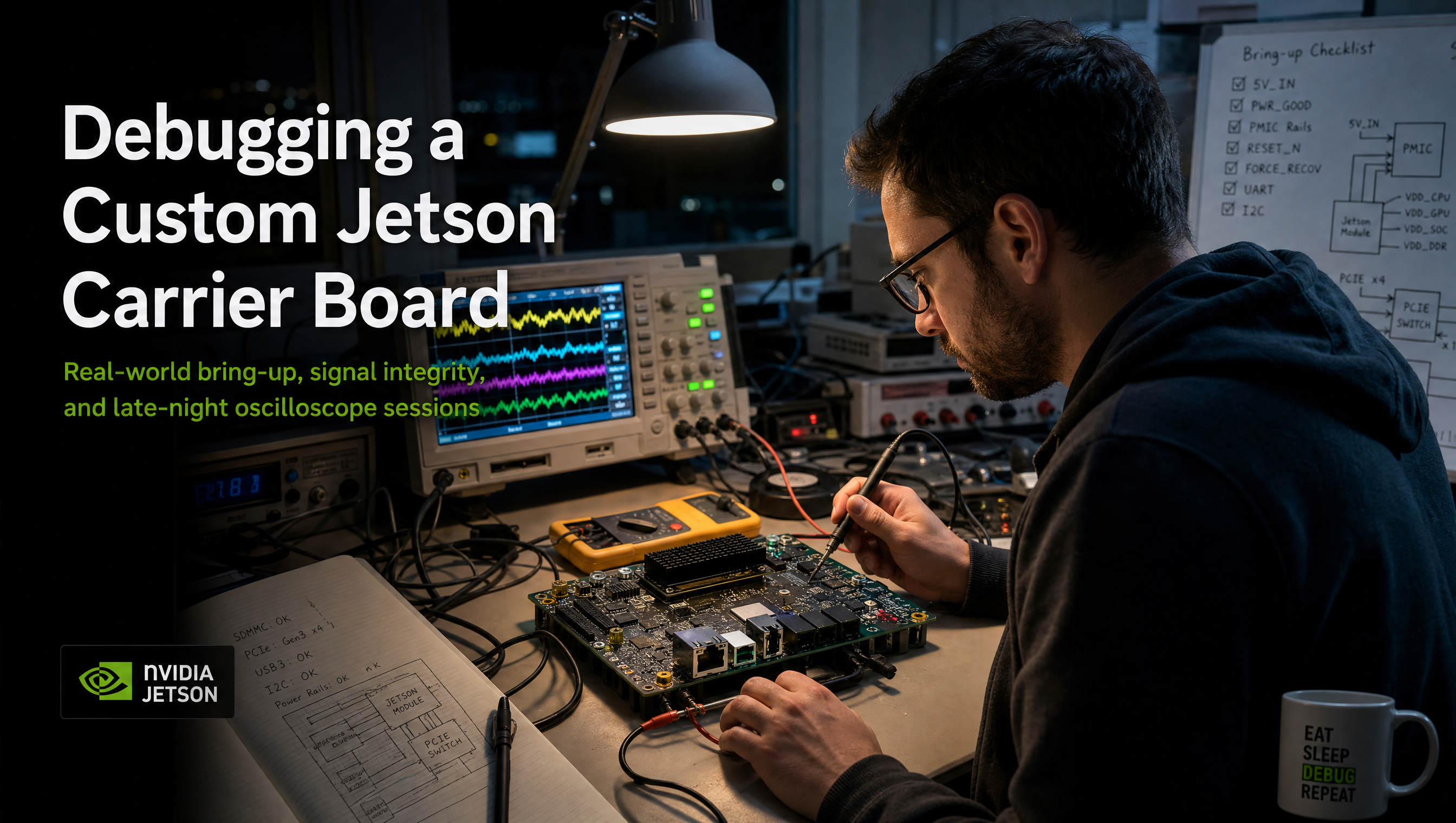 Hardware engineer debugging a custom Jetson carrier board at a lab bench at night, oscilloscope traces glowing in the background