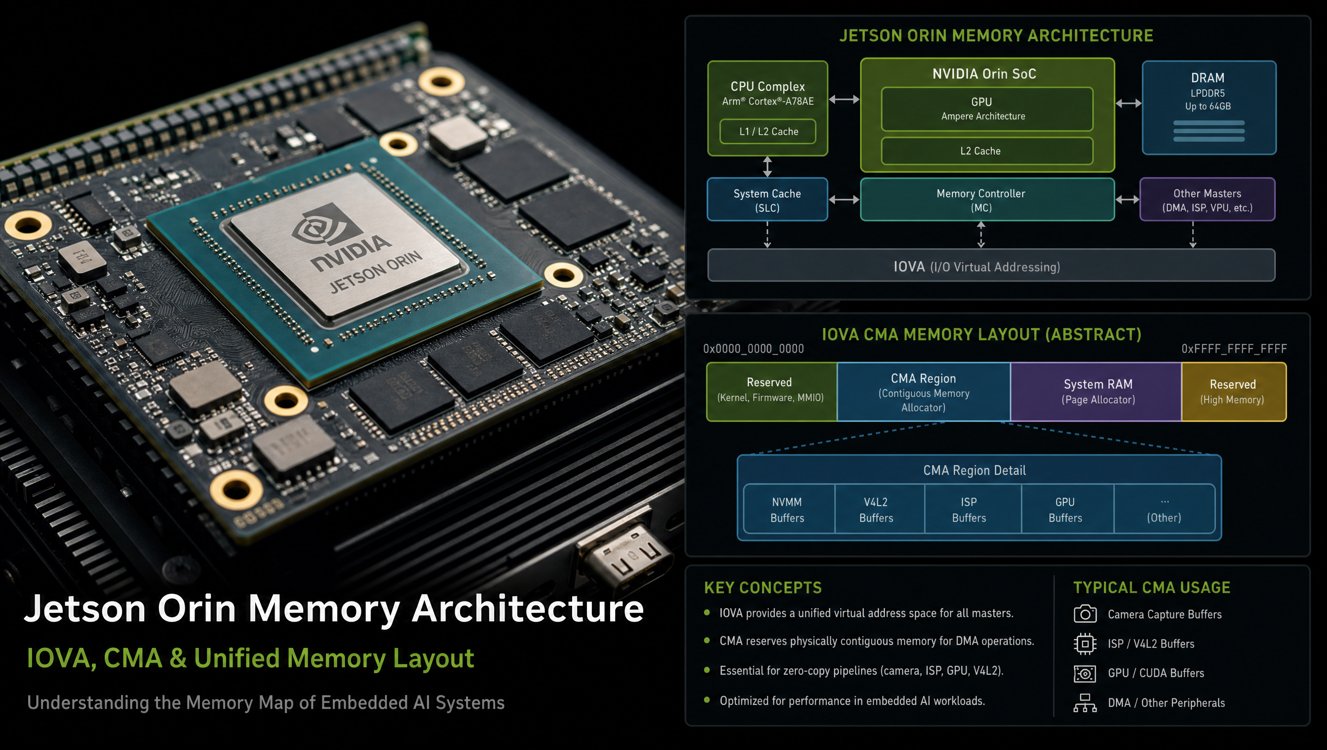 Jetson Orin tegrastats output showing memory breakdown at idle with IOVA and CMA annotations