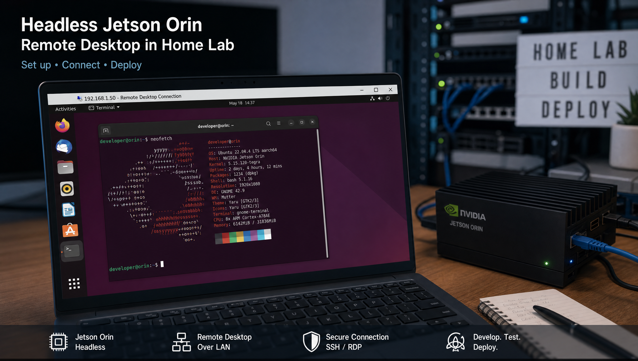 Laptop screen showing a remote desktop connection to a headless Jetson Orin server in a home lab setup