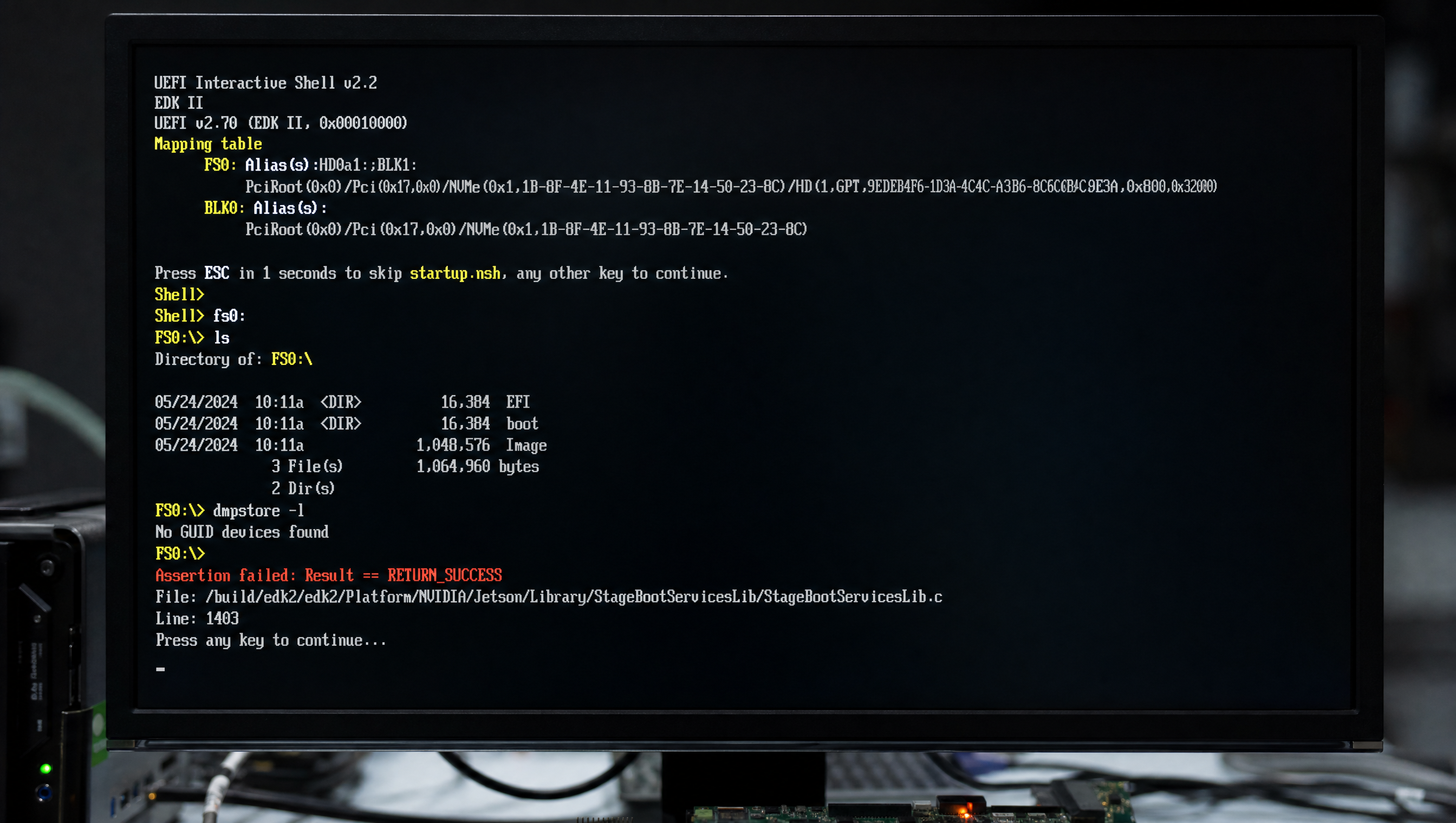 UEFI shell on monitor during Jetson boot failure, recovering from a UEFI assertion error on custom hardware