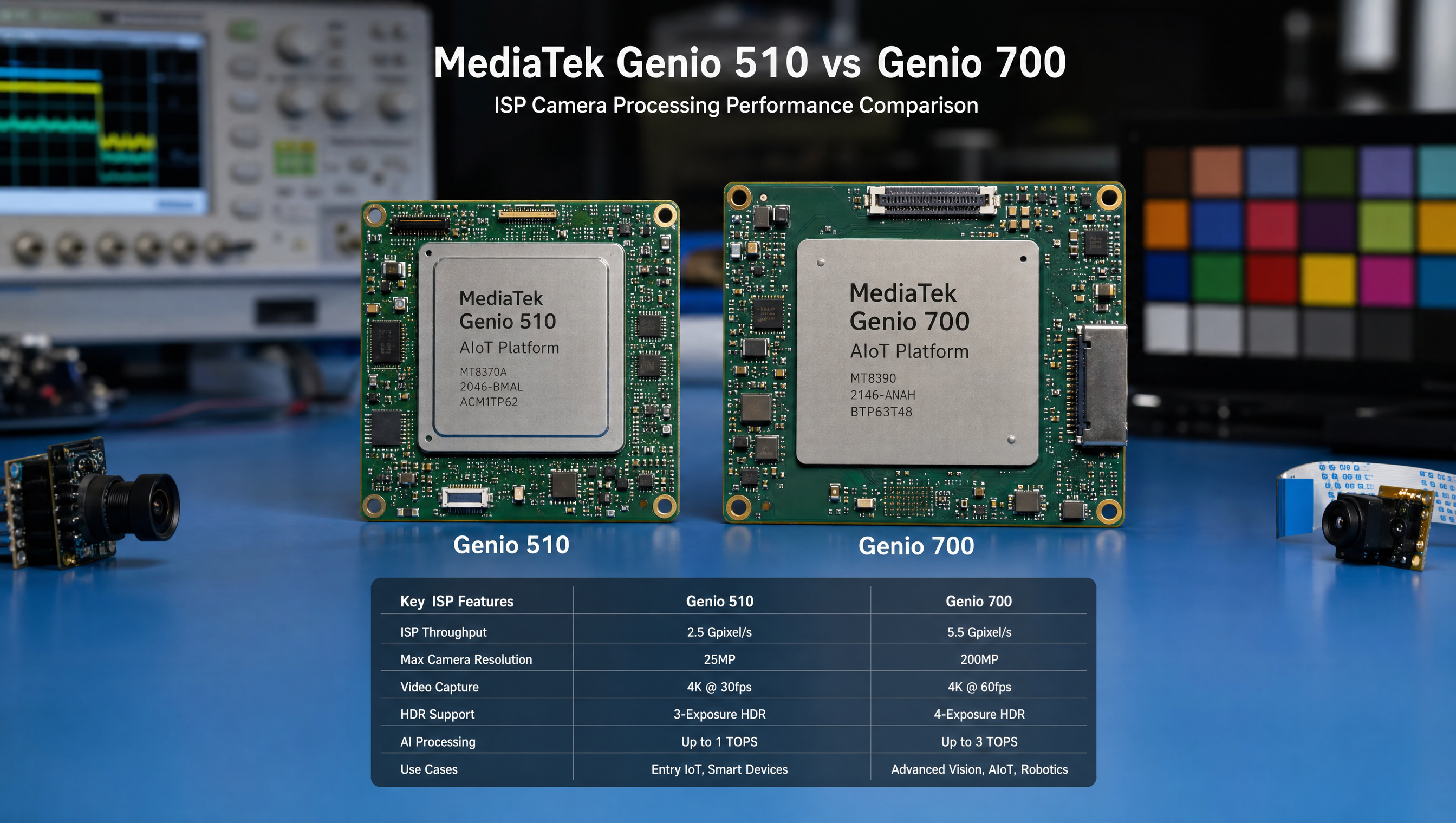 Side-by-side comparison of Genio 510/700 and 520/720 ISP block diagrams