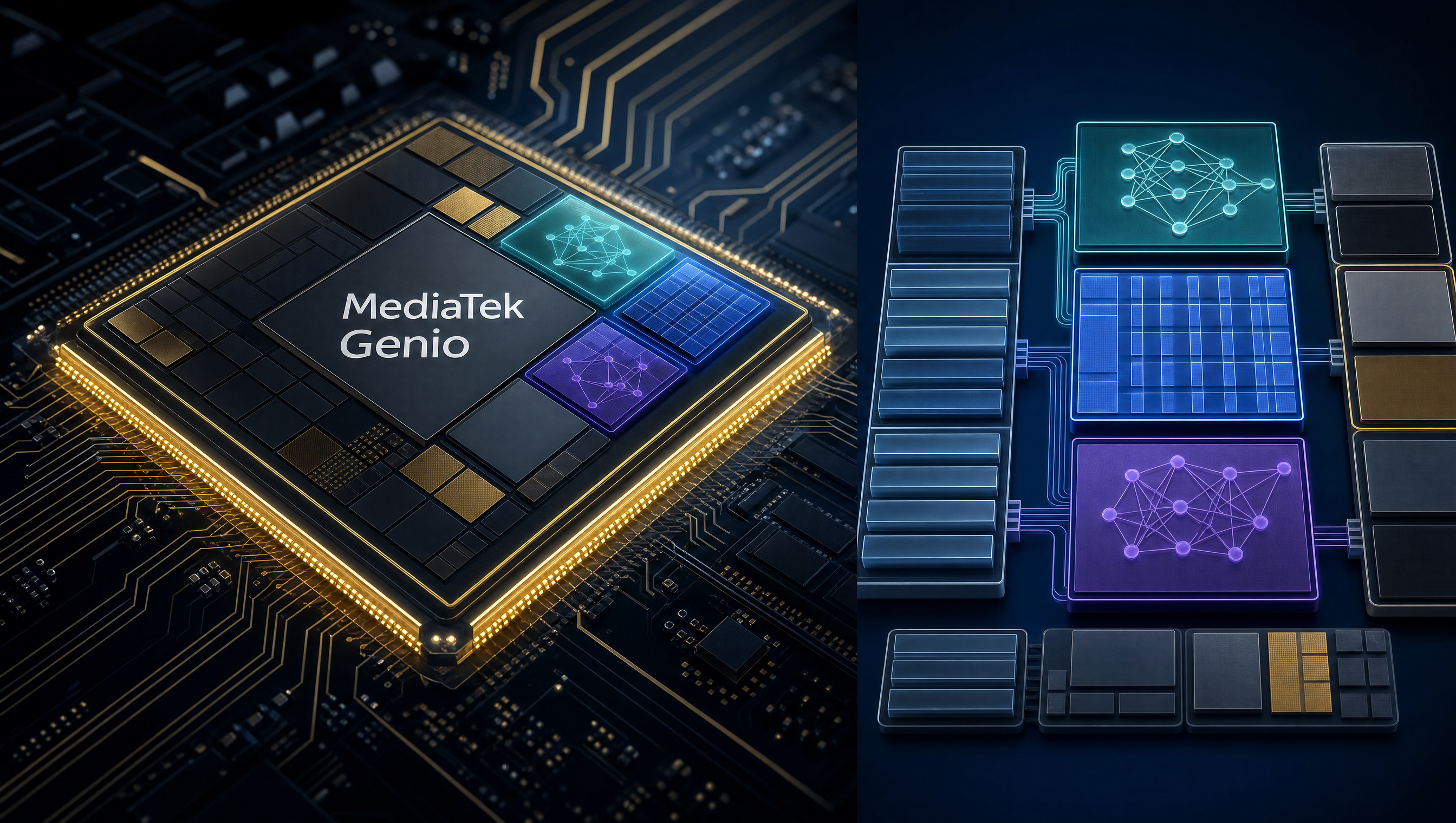 Block diagram of MediaTek Genio SoC showing APU subsystem with NPU and MDLA alongside separate VPU block