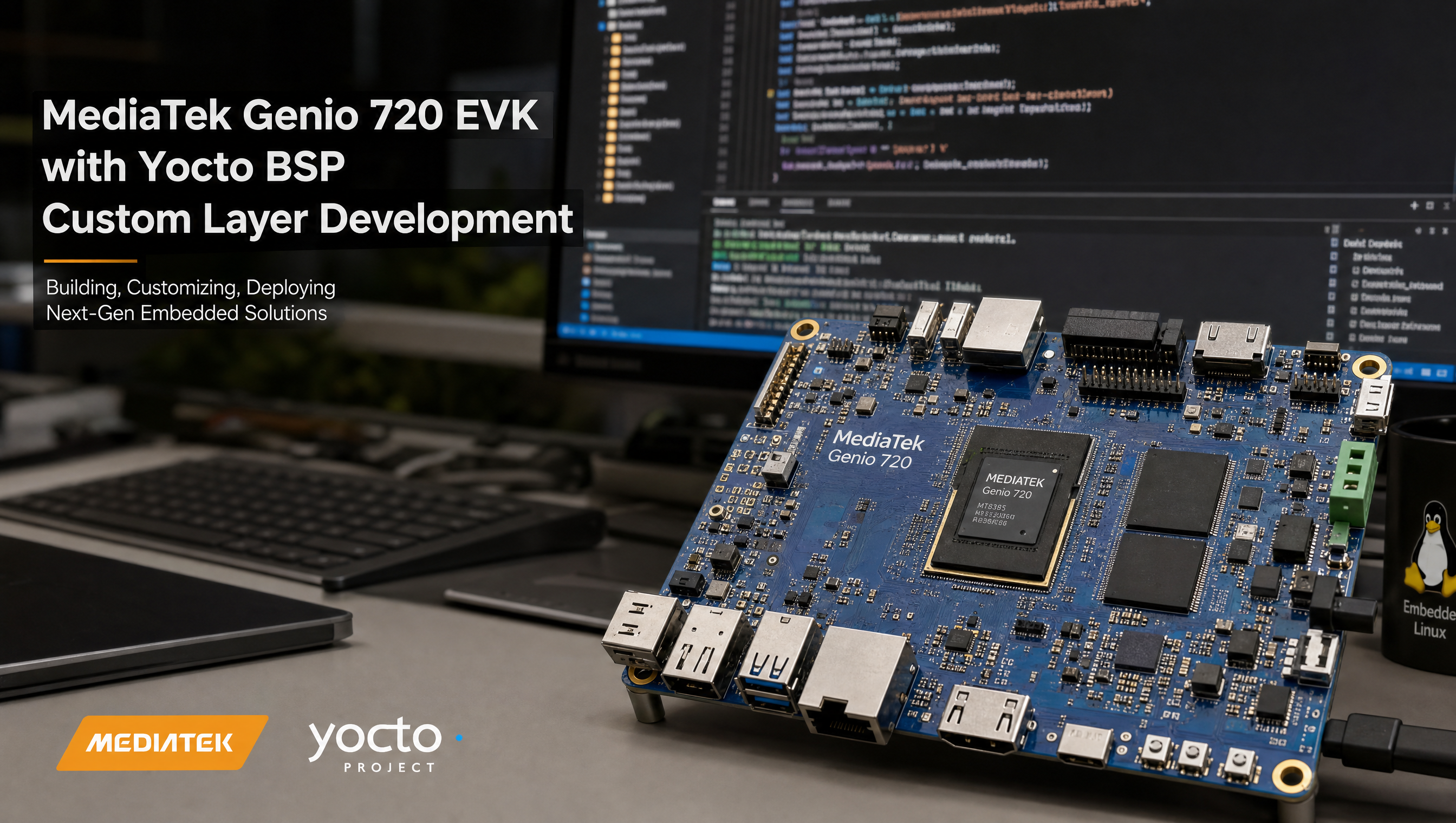 Terminal showing Yocto BitBake building a custom meta layer for MediaTek Genio board
