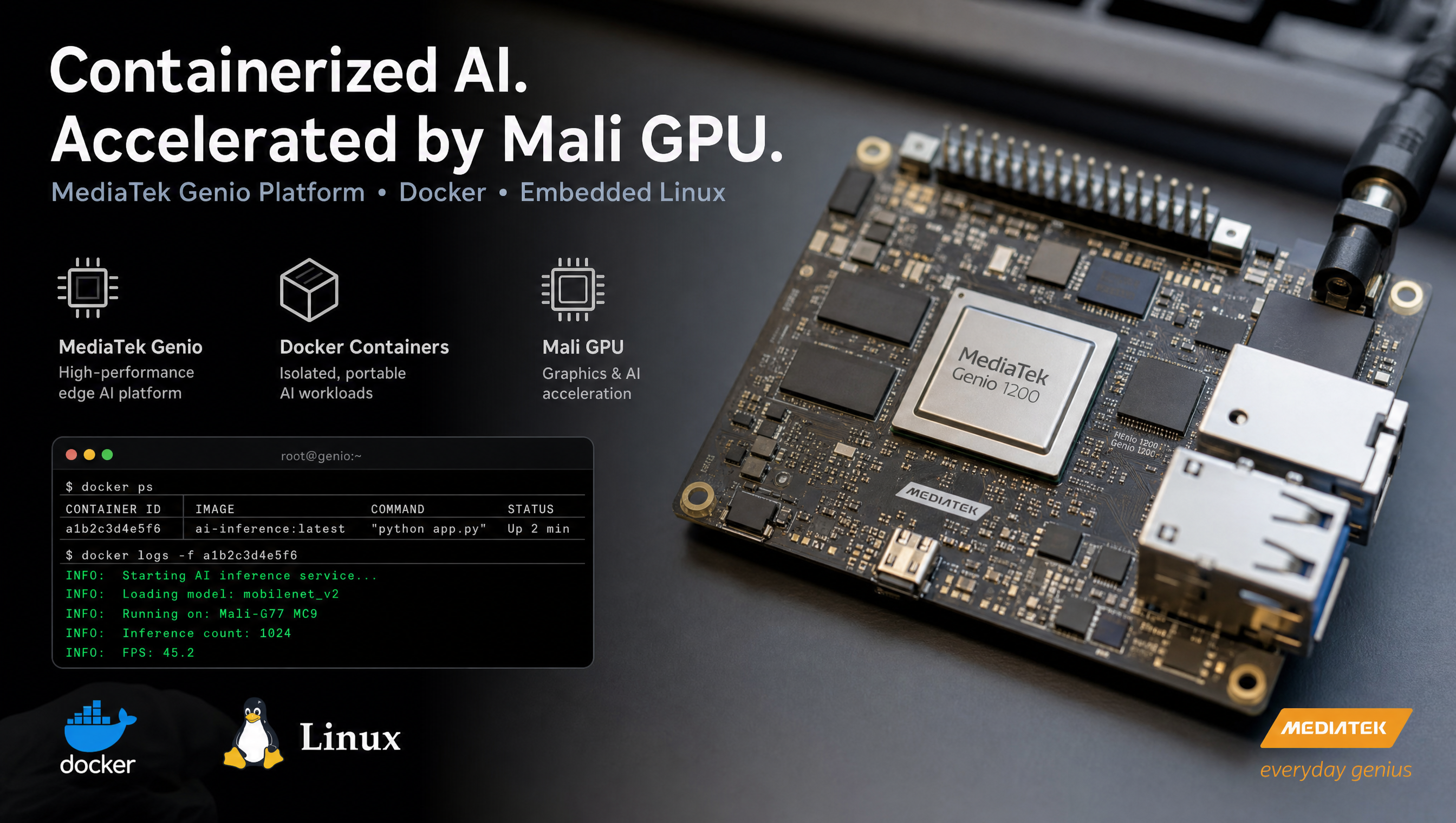 Terminal showing Docker container running with Mali GPU access on MediaTek Genio board