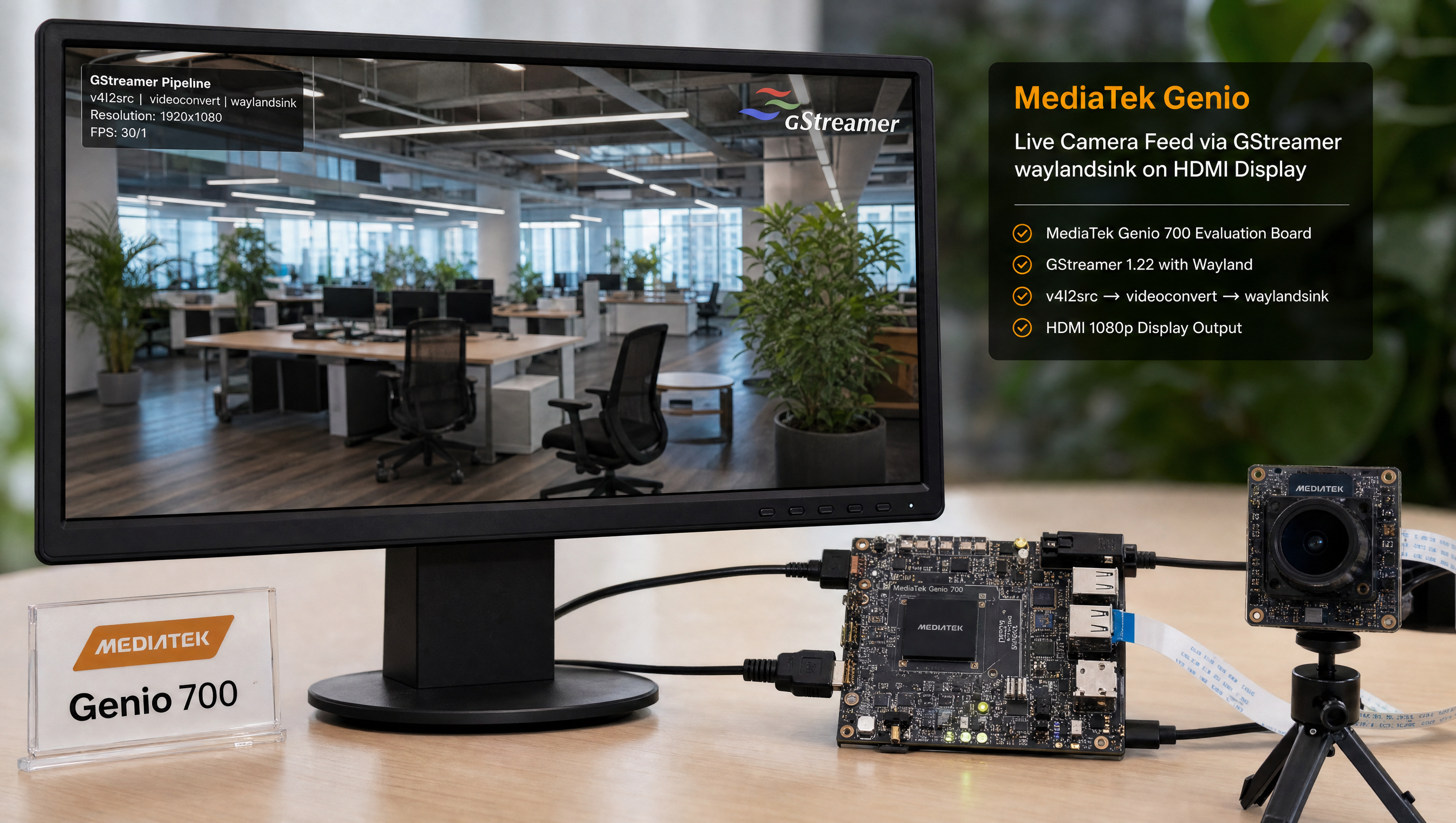 GStreamer pipeline diagram showing video source flowing through waylandsink to a display on MediaTek Genio