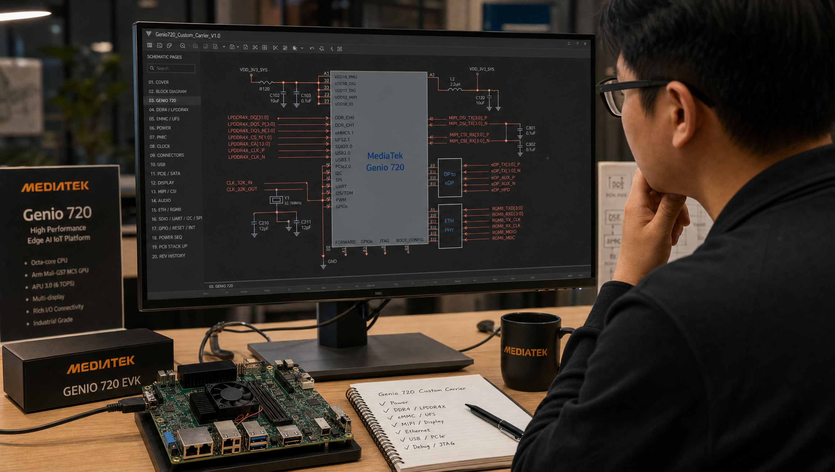 Engineer reviewing a MediaTek Genio 720 custom carrier board schematic on a monitor with the EVK devkit nearby