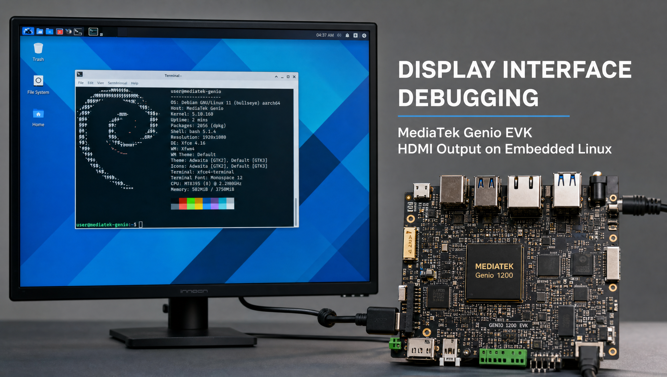 MediaTek Genio EVK connected to HDMI monitor showing display configuration in terminal