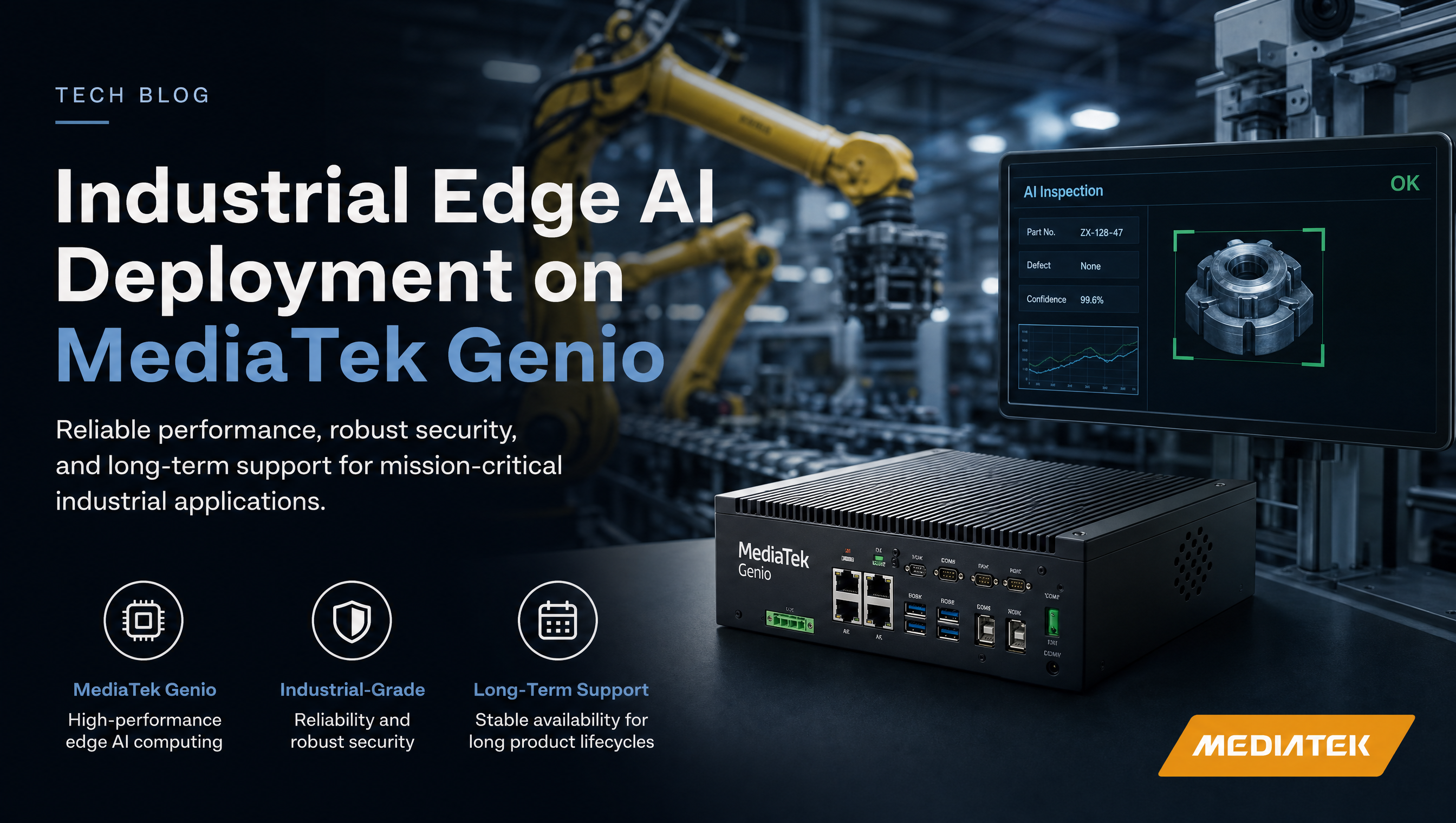 Industrial edge AI deployment on MediaTek Genio, embedded compute in a factory environment with long-term support requirements