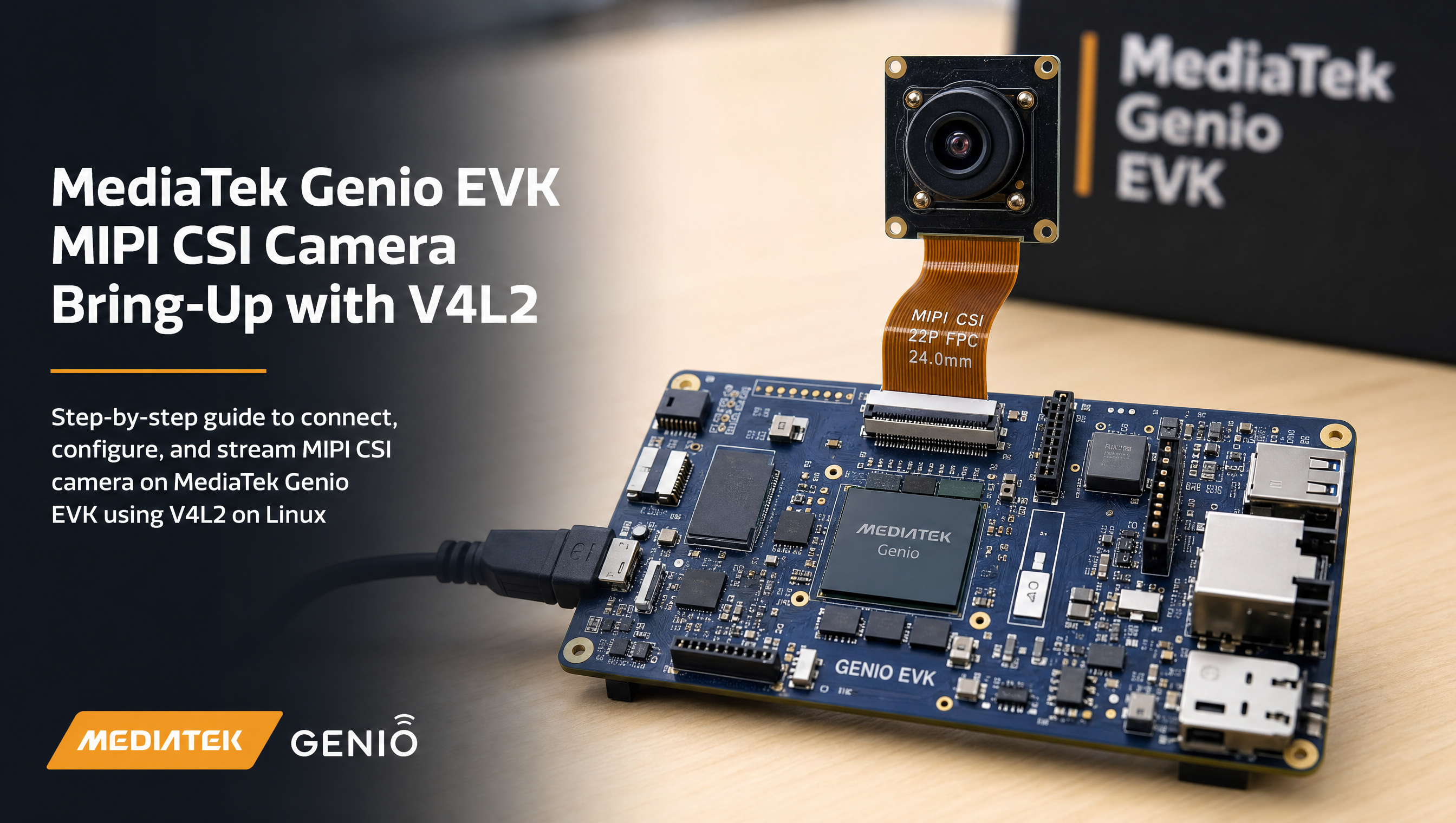 MediaTek Genio EVK with MIPI CSI camera module and terminal showing V4L2 device enumeration
