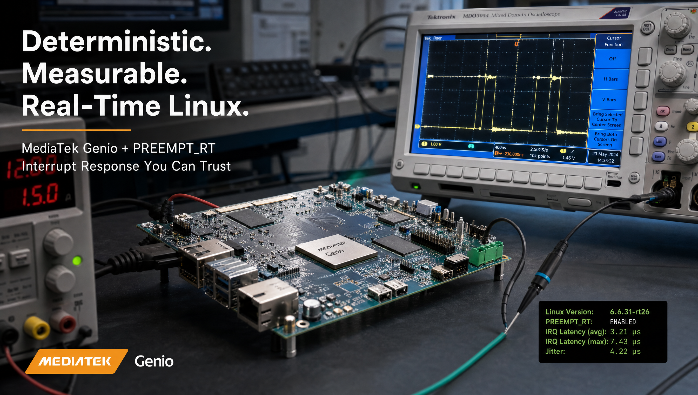 Diagram showing three real-time approaches on MediaTek Genio: PREEMPT-RT kernel, Jailhouse hypervisor, and RITY co-processor RTOS