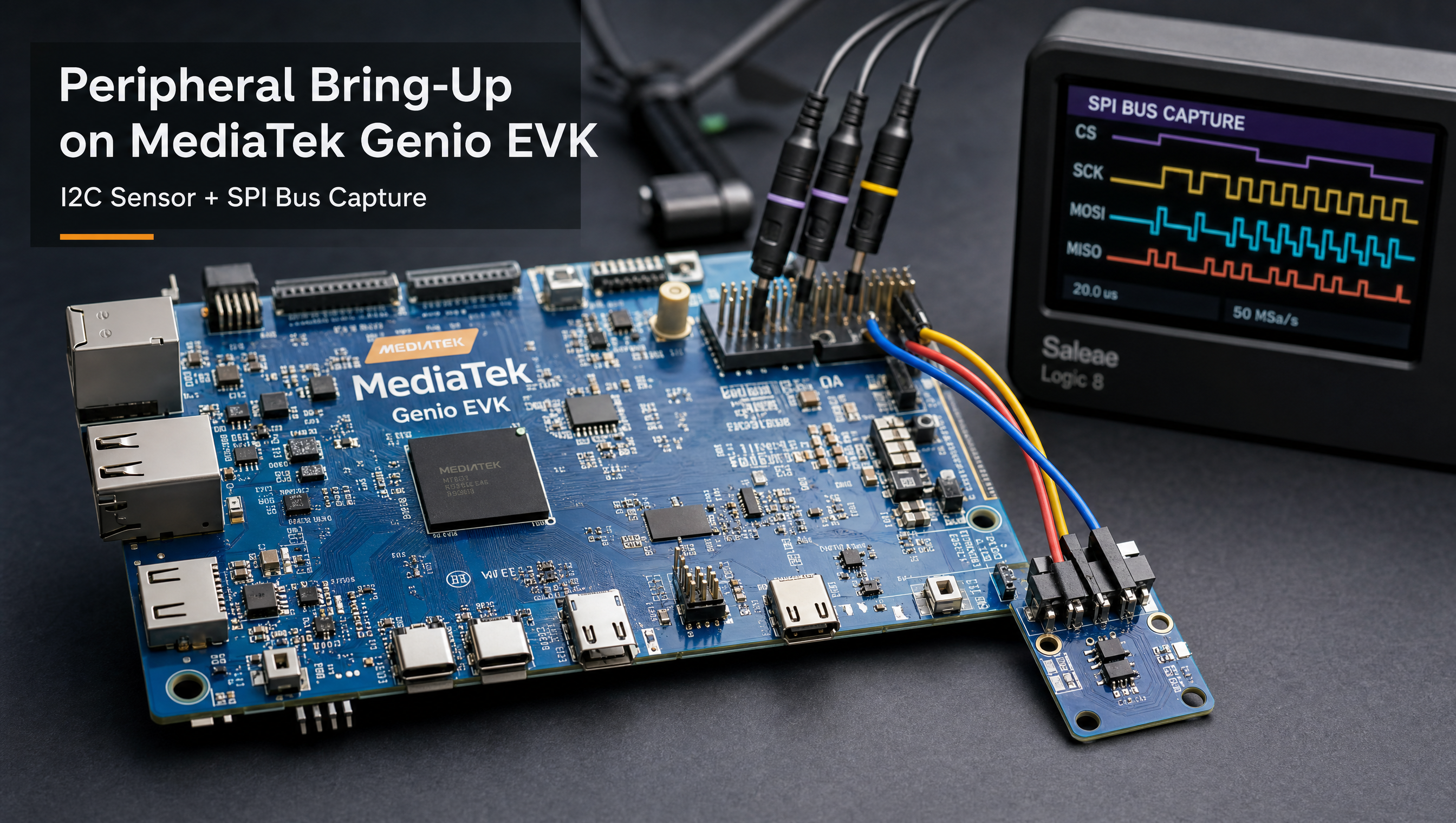 Terminal showing i2cdetect output scanning I2C bus on MediaTek Genio 720 EVK