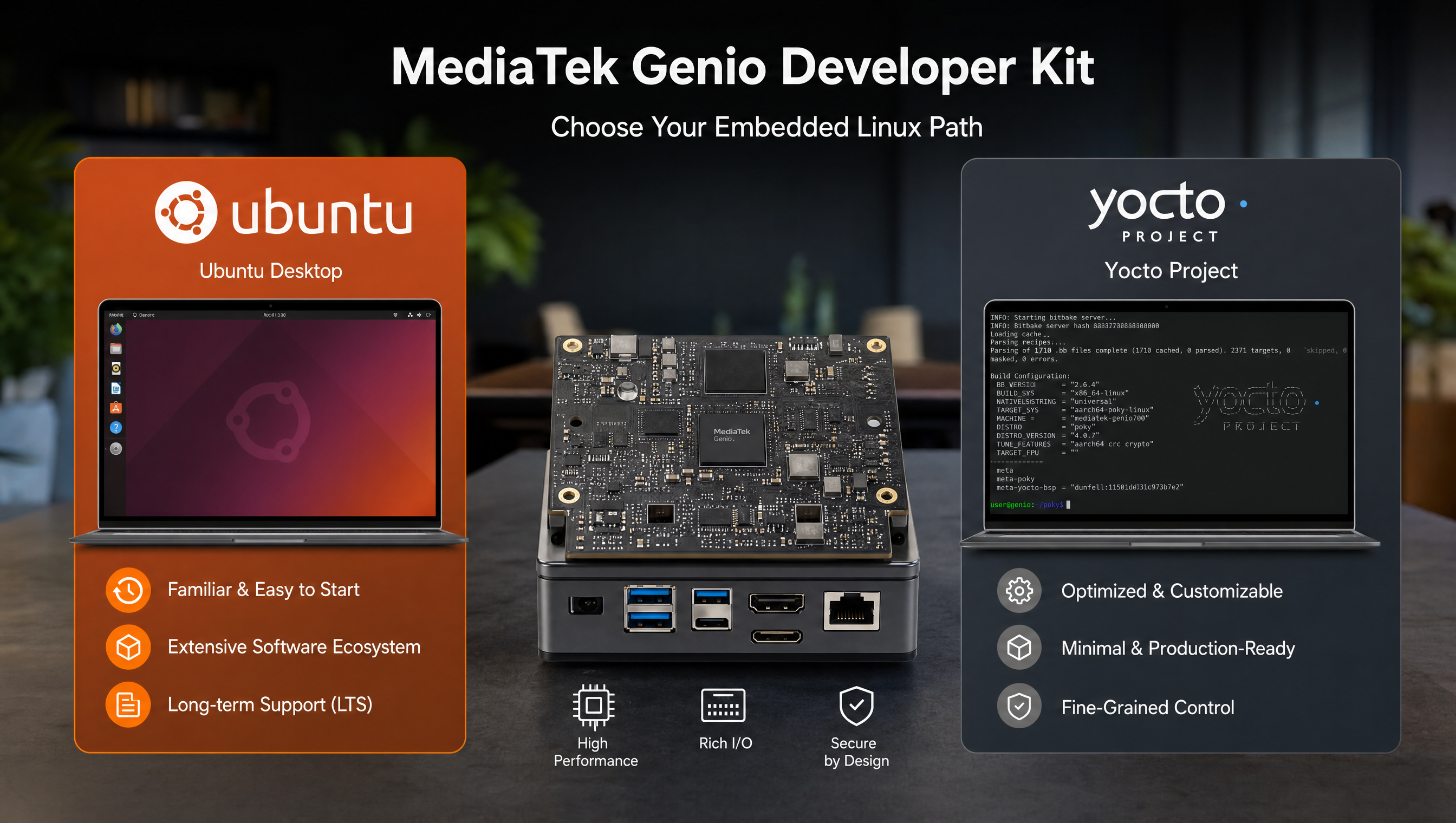 Side-by-side comparison diagram of Ubuntu and Yocto for MediaTek Genio embedded Linux development