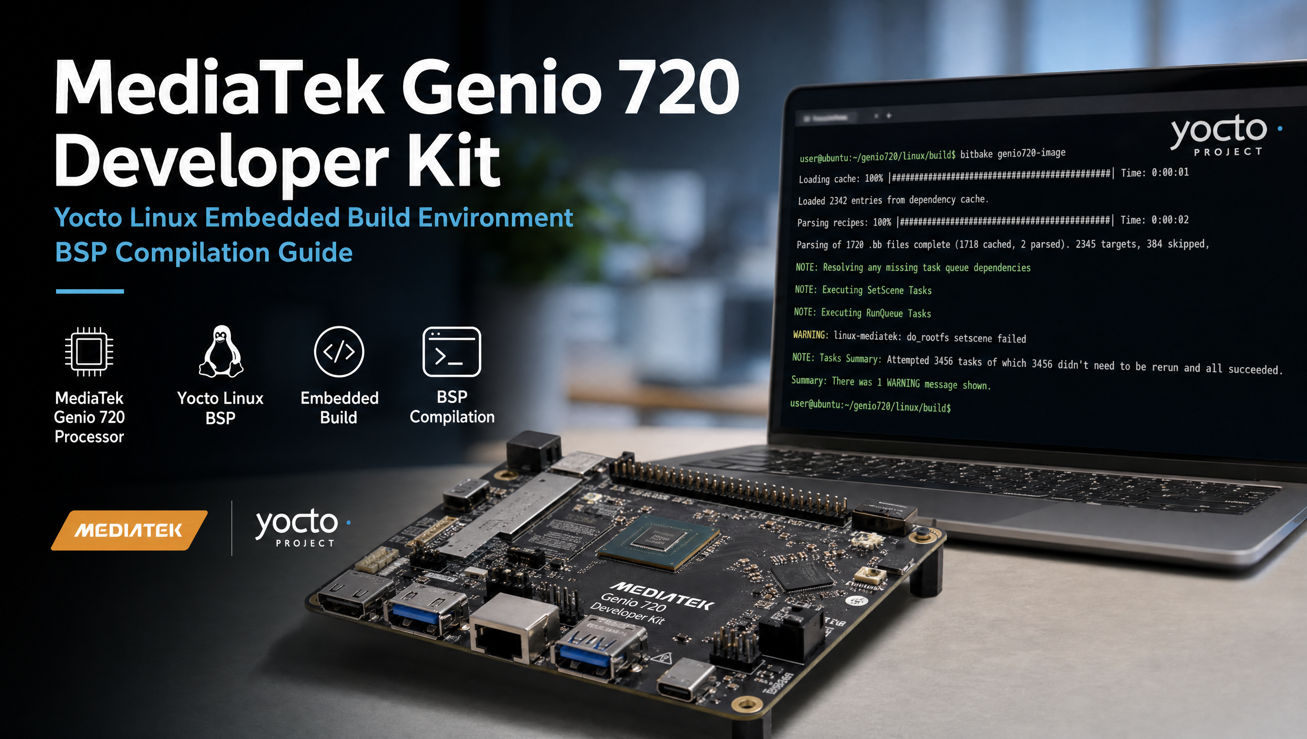 Terminal showing Yocto bitbake build output for MediaTek Genio SoC