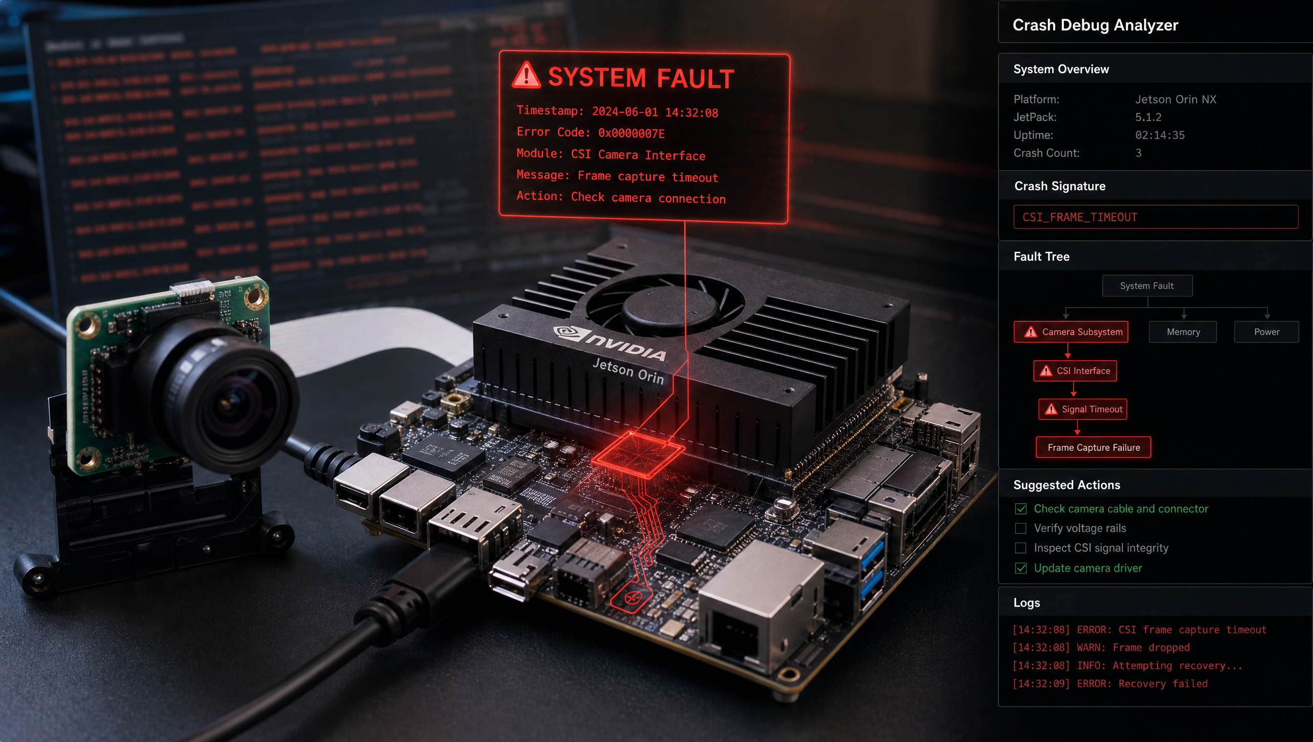 Jetson Orin terminal showing nvargus crash log and CaptureScheduler deadlock backtrace