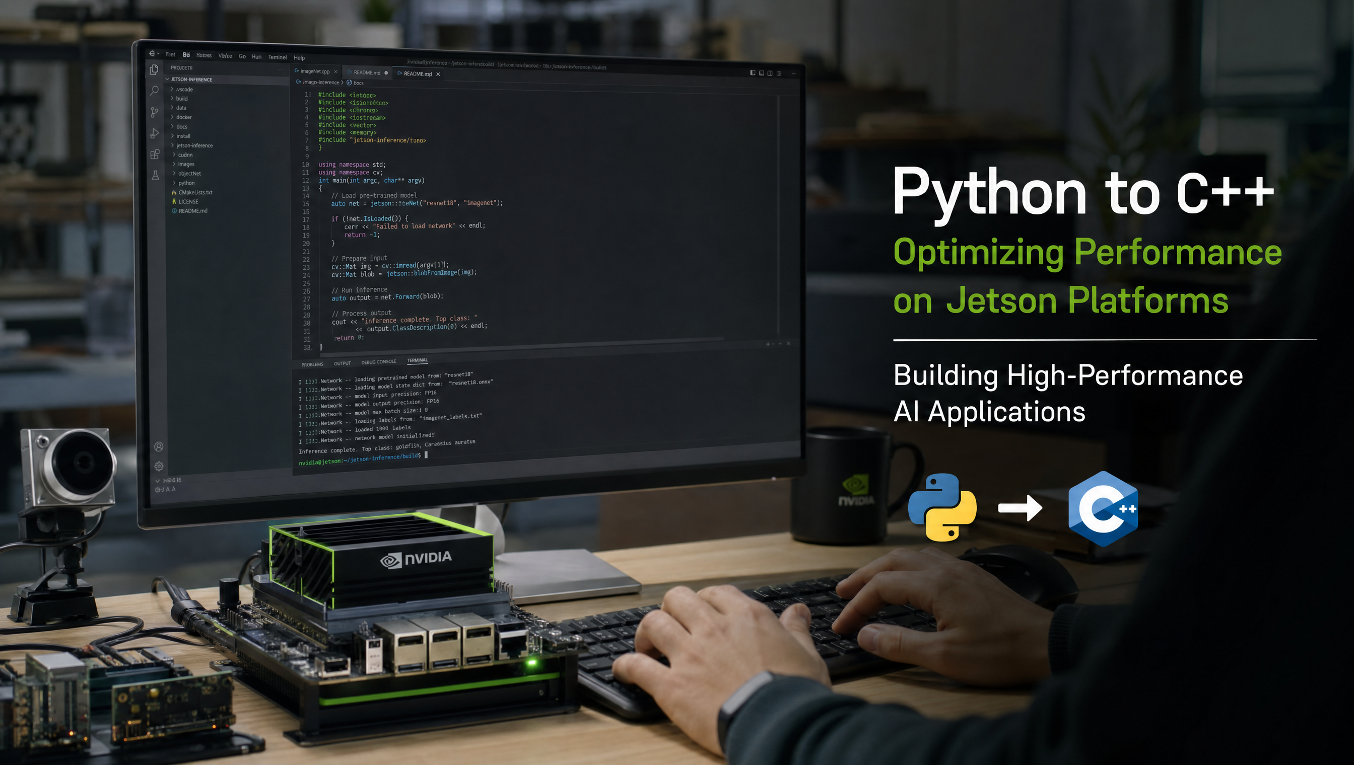Python and C++ code side by side on a dark terminal with Jetson hardware in the background, latency optimization on Jetson