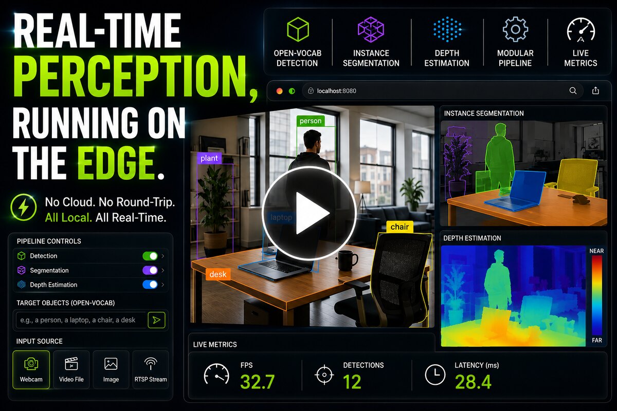Real-time edge perception dashboard showing open-vocabulary object detection, instance segmentation, and depth estimation on an office scene with live FPS, detection count, and latency metrics