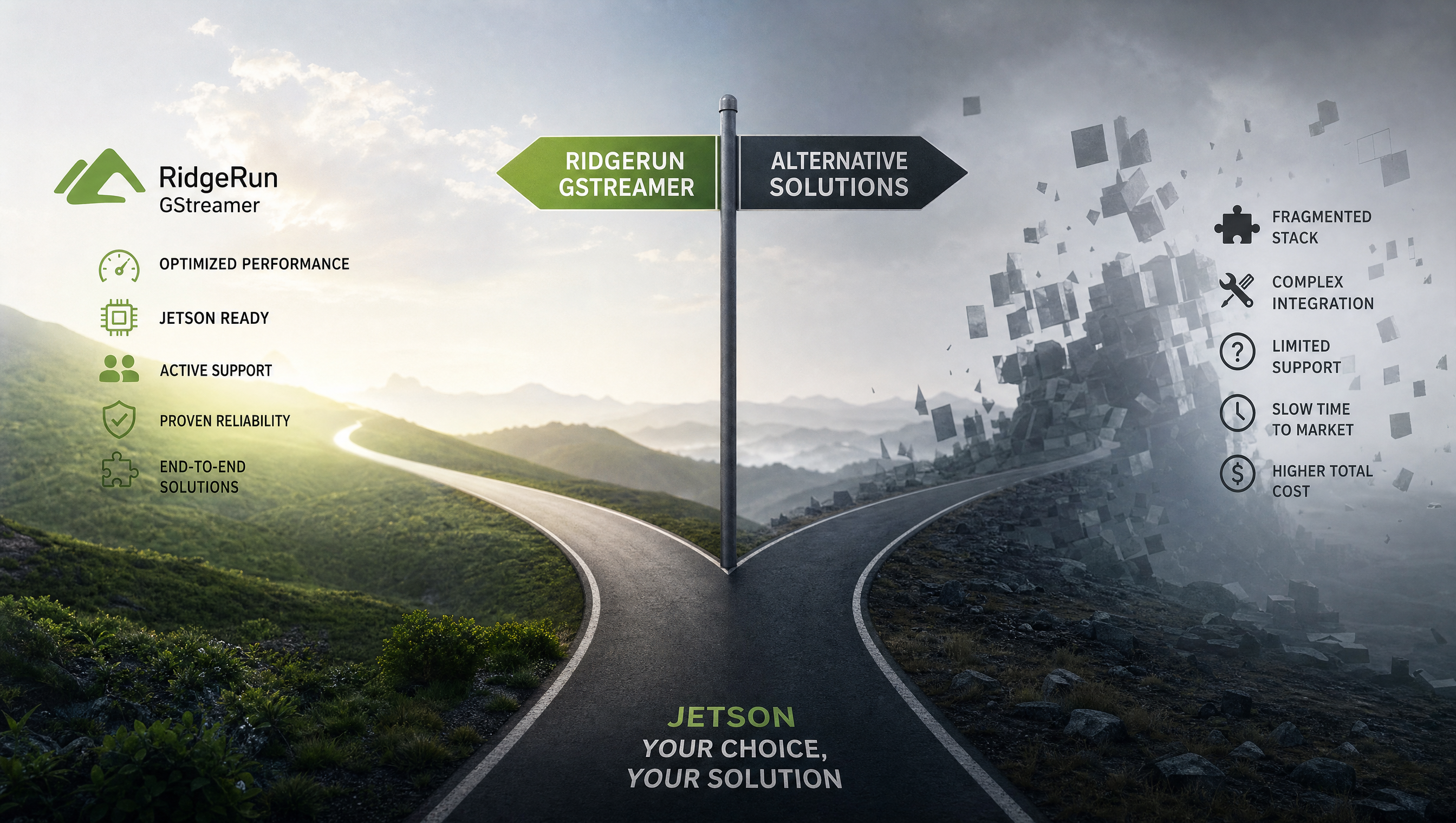 Abstract fork in path visualization representing choosing between RidgeRun GStreamer and alternative solutions for Jetson