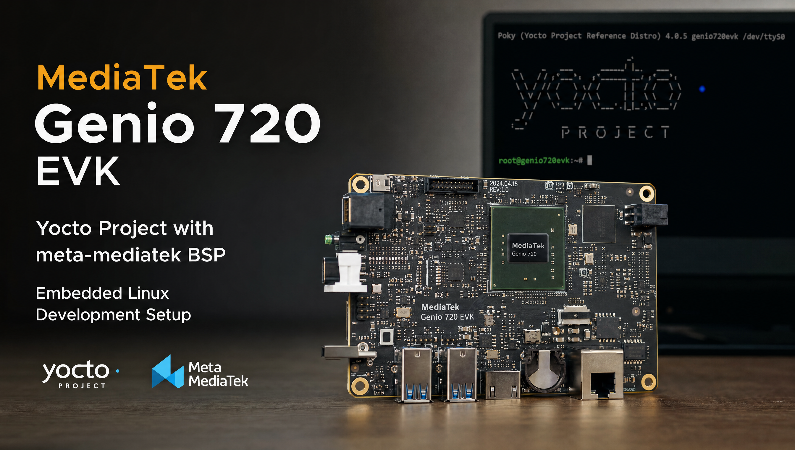 Terminal showing a Yocto build for MediaTek Genio 720 with meta-mediatek-bsp layer bitbake output